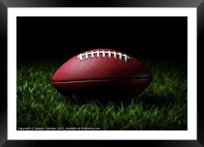 A well-worn American football rests on the lush green grass of a Framed Mounted Print by Joaquin Corbalan