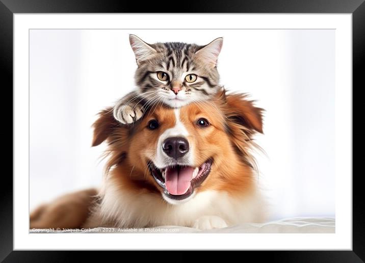 In a heartwarming display of friendship, a dog and Framed Mounted Print by Joaquin Corbalan