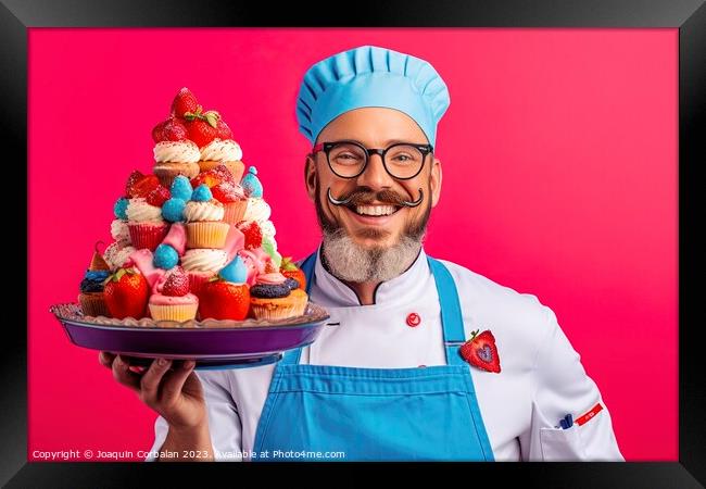 On a vibrant and colorful background, a funny chef proudly displays his freshly prepared and mouthwatering cakes. AI Generated Framed Print by Joaquin Corbalan