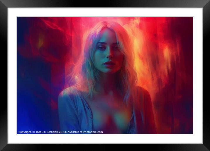 Amidst a symphony of neon lights and spilled paint, a seductive muse emerges in artistic allure..  Ai generated. Framed Mounted Print by Joaquin Corbalan