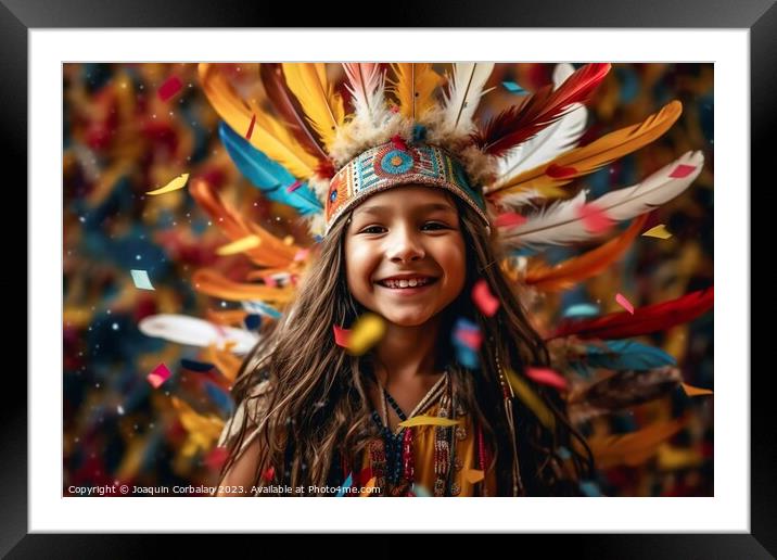 In a mesmerizing display, a young enchantress dons a crown of Indian feathers amidst a kaleidoscope of vibrant plumes.  Ai generated. Framed Mounted Print by Joaquin Corbalan