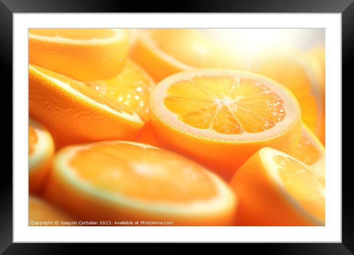 Vitamin C is found in citrus fruits, background of slices of oranges. Ai generated. Framed Mounted Print by Joaquin Corbalan