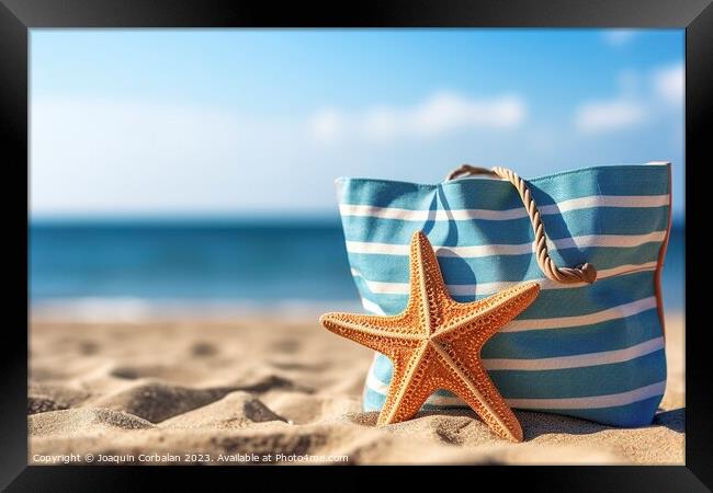 A beach bag with marine decoration, on the sand of a beach. Ai g Framed Print by Joaquin Corbalan