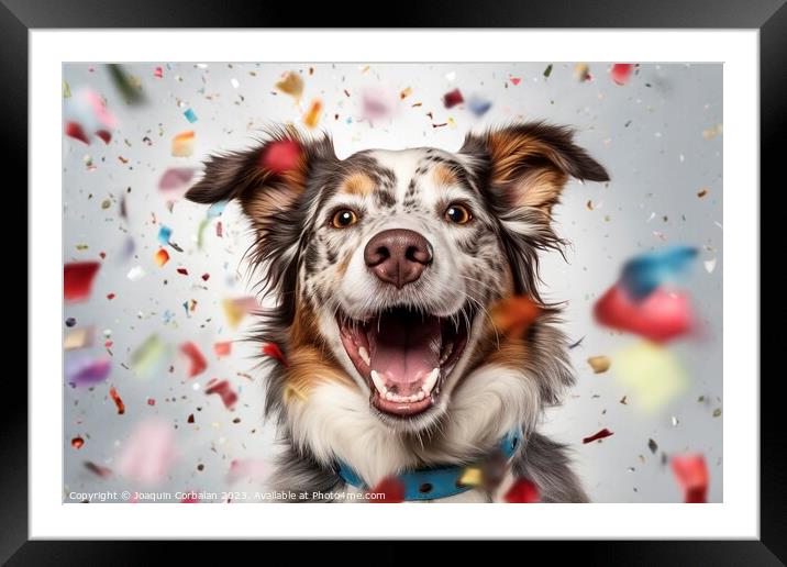 A dog full of joy surrounded by flying confetti. A Framed Mounted Print by Joaquin Corbalan