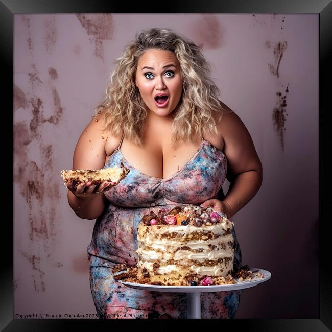 It's hard to resist a sweet cake, but the woman gets fat. Ai gen Framed Print by Joaquin Corbalan