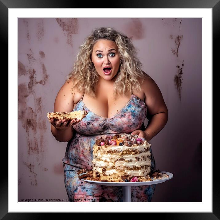 It's hard to resist a sweet cake, but the woman gets fat. Ai gen Framed Mounted Print by Joaquin Corbalan