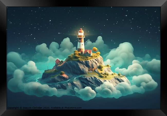 Behold a mystical island, bathed in moonlight, floating amidst a swirling cloud of steam. Ai generated. Framed Print by Joaquin Corbalan