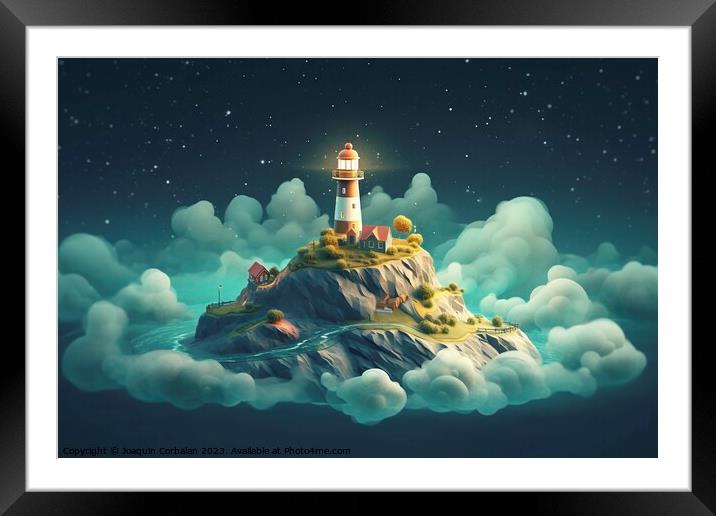 Behold a mystical island, bathed in moonlight, floating amidst a swirling cloud of steam. Ai generated. Framed Mounted Print by Joaquin Corbalan