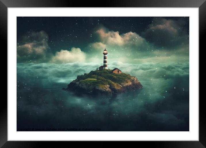 A dream island, at night, floating in a cloud of steam surrounded by the ocean. Ai generated. Framed Mounted Print by Joaquin Corbalan
