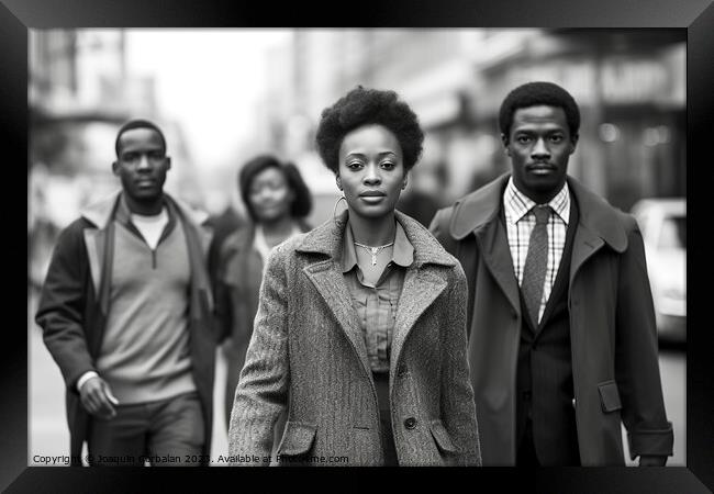 Classic image of a black woman walking down the street in NY in the 1950s, black and white. Ai generated. Framed Print by Joaquin Corbalan