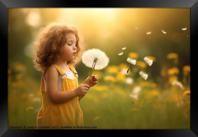 the girl exhales a wish upon a dandelion, unleashing whispers of Framed Print by Joaquin Corbalan