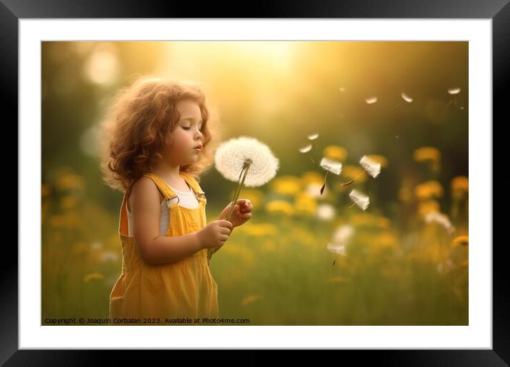the girl exhales a wish upon a dandelion, unleashing whispers of Framed Mounted Print by Joaquin Corbalan