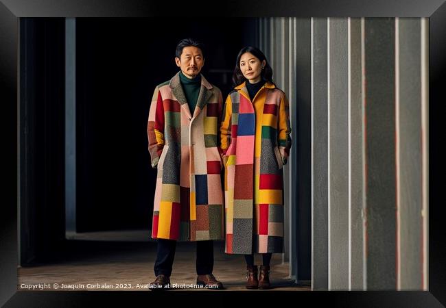 An adult Japanese couple, wearing colorful clothes, posing serious and relaxed Ai generated. Framed Print by Joaquin Corbalan