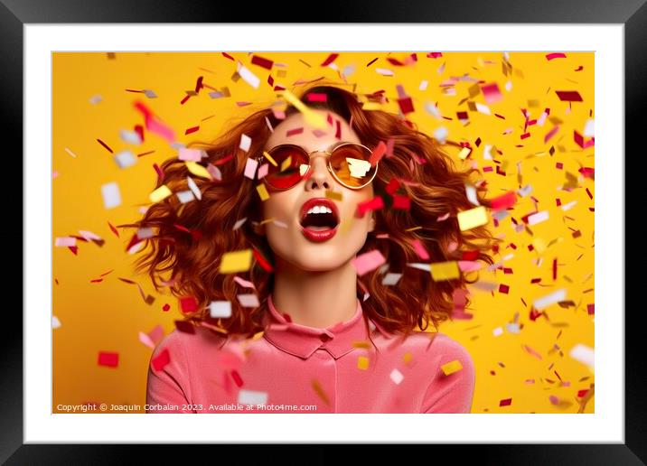 pretty young woman surrounded by an explosion of confetti, against a vibrant colored background. AI Generated Framed Mounted Print by Joaquin Corbalan