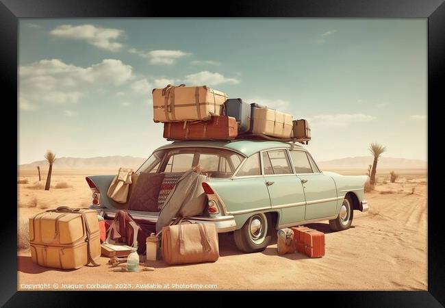 Illustration of a vintage car loaded with suitcases to go on a l Framed Print by Joaquin Corbalan