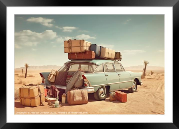 Illustration of a vintage car loaded with suitcases to go on a l Framed Mounted Print by Joaquin Corbalan