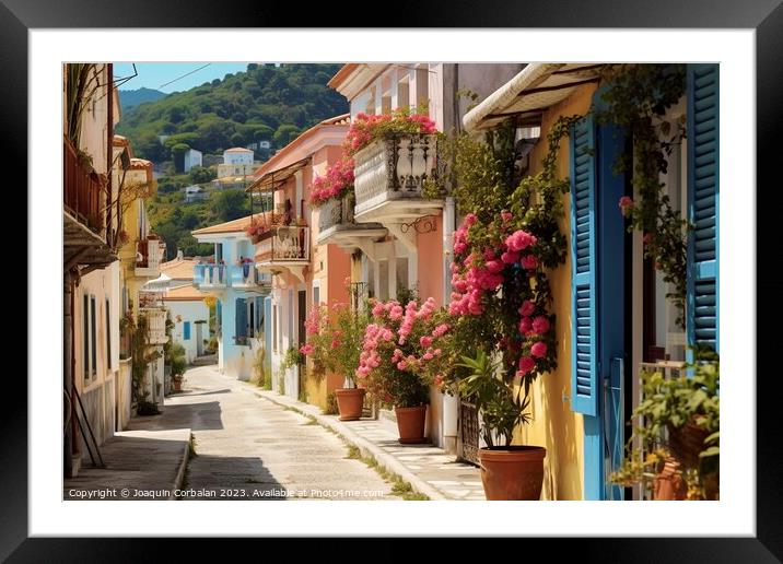 Picturesque and touristy cobbled street in Greece. Ai generated. Framed Mounted Print by Joaquin Corbalan