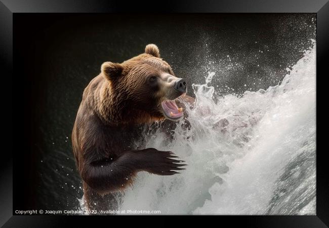 A bear tries to catch a salmon that jumps in a stream. Ai genera Framed Print by Joaquin Corbalan