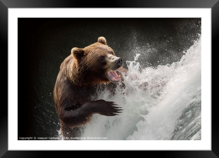 A bear tries to catch a salmon that jumps in a stream. Ai genera Framed Mounted Print by Joaquin Corbalan