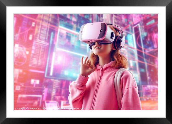 oung girl explores virtual reality shopping experience with futuristic glasses. AI Generated Framed Mounted Print by Joaquin Corbalan