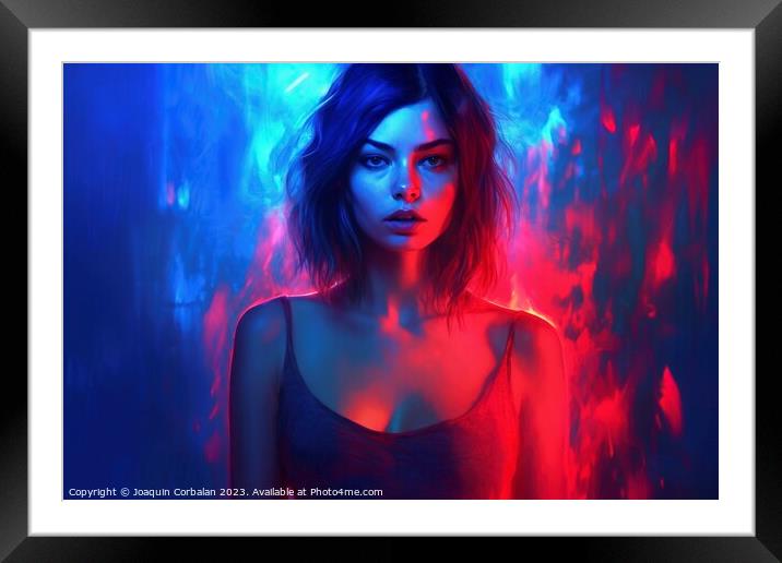 Illustration of a sexy woman wrapped in neon lights and spilled paint. Ai generated. Framed Mounted Print by Joaquin Corbalan