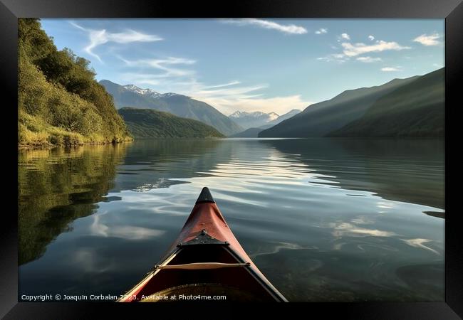 A relaxing canoe ride on the calm waters of a mountain lake, an  Framed Print by Joaquin Corbalan