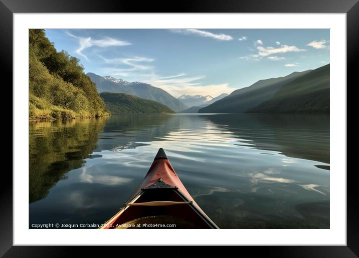 A relaxing canoe ride on the calm waters of a mountain lake, an  Framed Mounted Print by Joaquin Corbalan