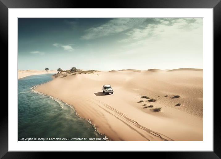The powerful SUV carves its way through the rolling sand dunes o Framed Mounted Print by Joaquin Corbalan