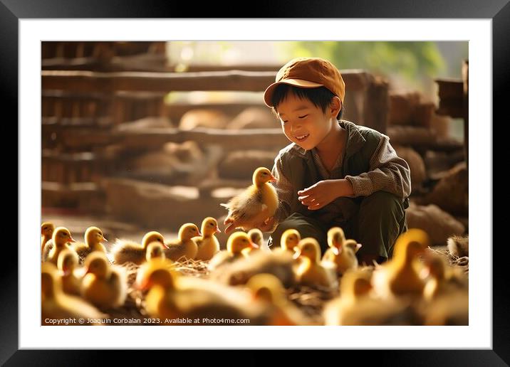 farm boy gently cradles the precious newborn chicks in his hands, savoring the magic of life on the farm. AI Generated Framed Mounted Print by Joaquin Corbalan