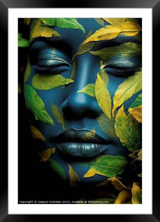 Immerse yourself in the vibrant beauty of a woman's portrait adorned with abstract plant textures. AI Generated Framed Mounted Print by Joaquin Corbalan