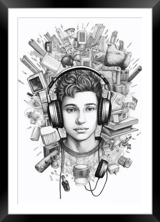Pencil illustration, vertical, of a teenager listening to music. AI generated. Framed Mounted Print by Joaquin Corbalan