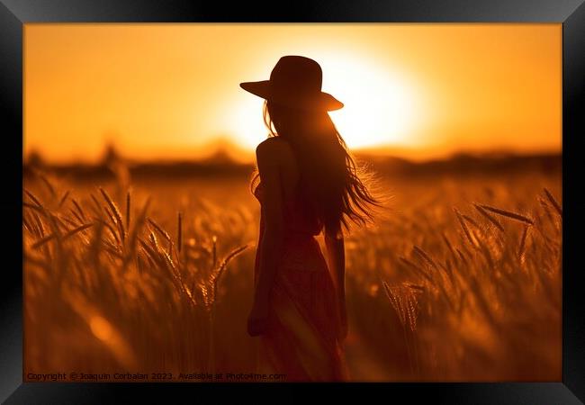 Silhouette of a young woman in a hat who walks at sunset among the grasses of the cereal field. Ai generated. Framed Print by Joaquin Corbalan