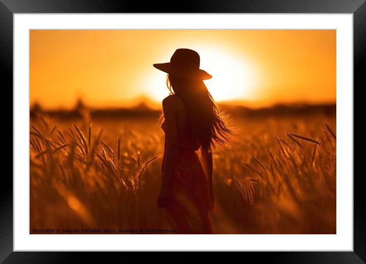 Silhouette of a young woman in a hat who walks at sunset among the grasses of the cereal field. Ai generated. Framed Mounted Print by Joaquin Corbalan