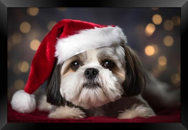 Nice dog with a christmas hat, posing on red backg Framed Print by Joaquin Corbalan