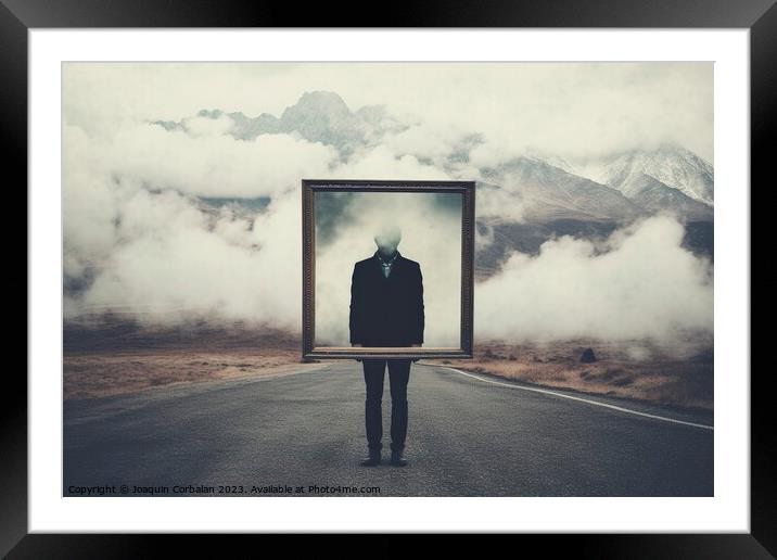 Introspective travel concept, a man holds a frame standing on a road between clouds. Ai generated. Framed Mounted Print by Joaquin Corbalan