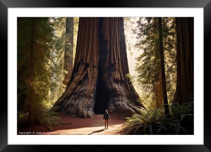 A tiny man walks through redwoods in an old-growth forest. Framed Mounted Print by Joaquin Corbalan