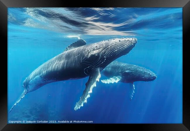 Beautiful whales swimming near the surface of the vast sea. Ai generated. Framed Print by Joaquin Corbalan