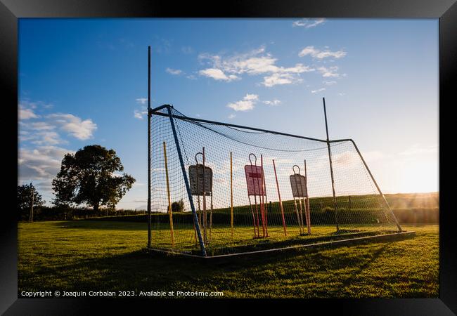 Gaelic football goal, with obstacles for training. Framed Print by Joaquin Corbalan