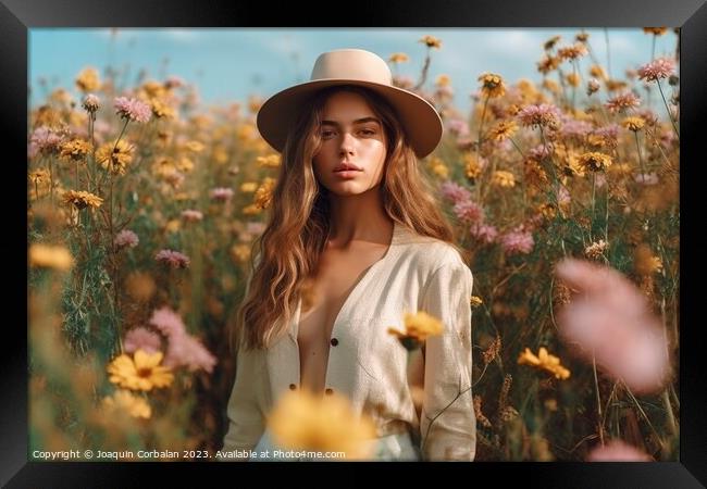 A beautiful model woman, posing seriously among a field of flowers, wearing a straw hat and a sensual open shirt. Framed Print by Joaquin Corbalan