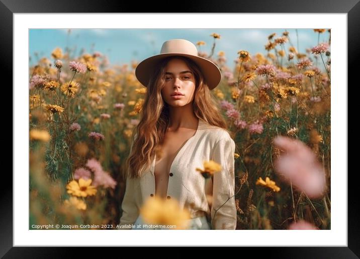A beautiful model woman, posing seriously among a field of flowers, wearing a straw hat and a sensual open shirt. Framed Mounted Print by Joaquin Corbalan