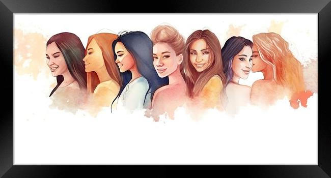 A colorful watercolor drawing depicting a diverse group of young women, symbolizing feminism and empowerment, against a blank background Framed Print by Joaquin Corbalan