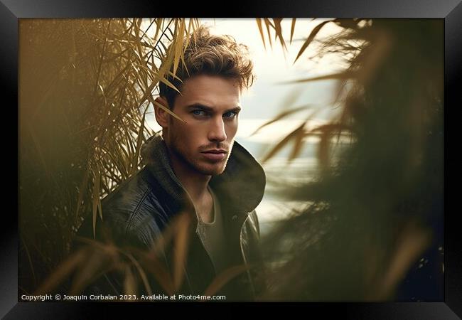 A male model poses with a captivating look among t Framed Print by Joaquin Corbalan