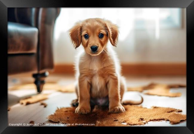 A puppy rests after tearing up the carpet at home. Framed Print by Joaquin Corbalan