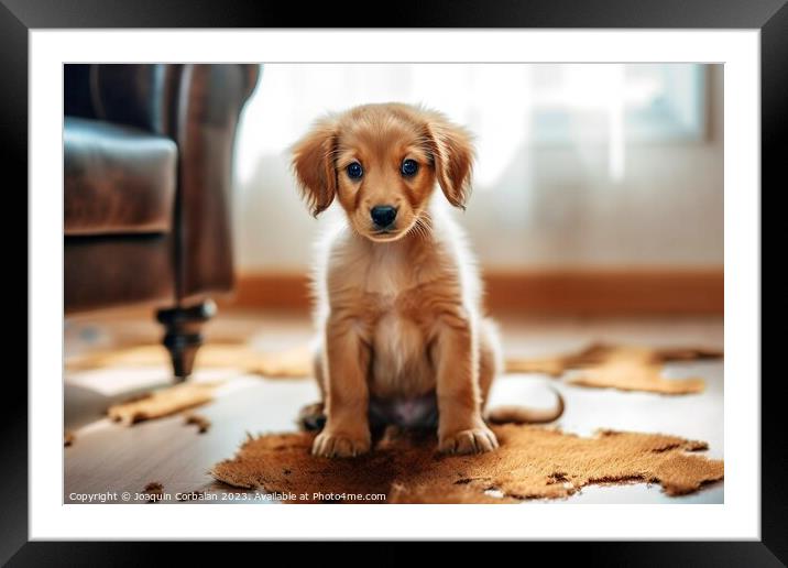 A puppy rests after tearing up the carpet at home. Framed Mounted Print by Joaquin Corbalan