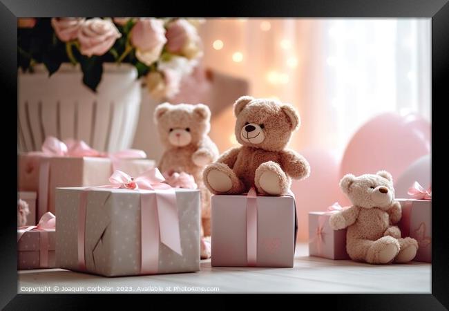 Many gifts in pink boxes and stuffed animals, exce Framed Print by Joaquin Corbalan