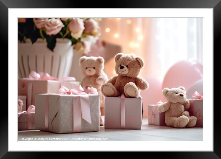 Many gifts in pink boxes and stuffed animals, exce Framed Mounted Print by Joaquin Corbalan