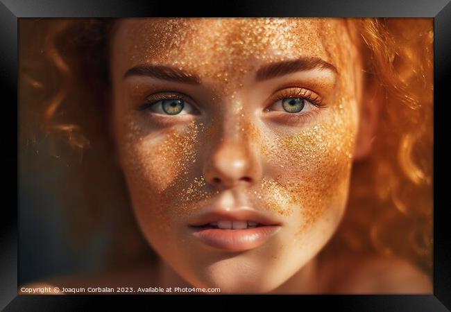 Intense look of a beautiful young woman, close-up of her face, with eyes made up with glitter Framed Print by Joaquin Corbalan