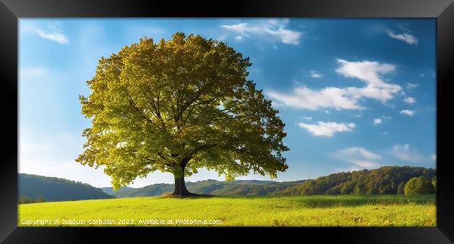 In the serene countryside, a majestic maple tree stands tall in a lush meadow under a captivating blue sky Framed Print by Joaquin Corbalan