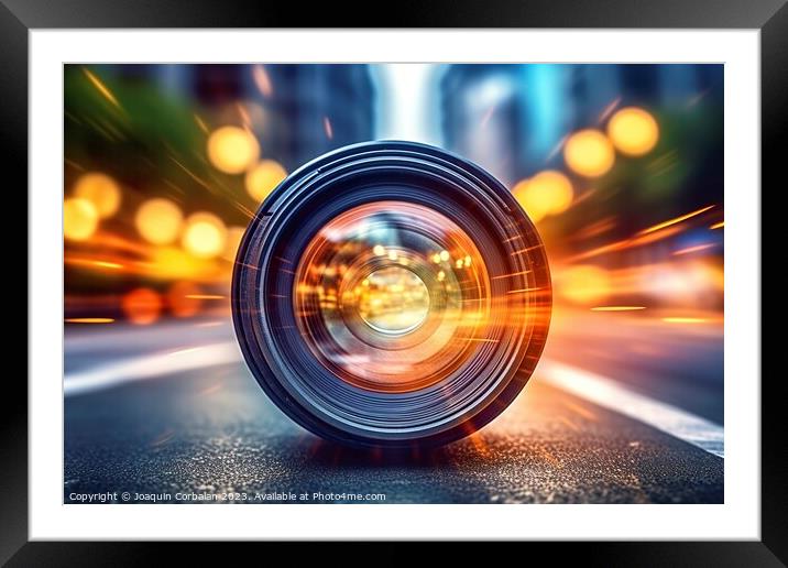 A photography lens on the asphalt of a city, to cr Framed Mounted Print by Joaquin Corbalan