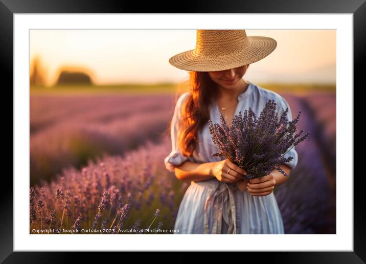 Young gardener woman picks lavender at sunset in a bucolic country scene. Framed Mounted Print by Joaquin Corbalan